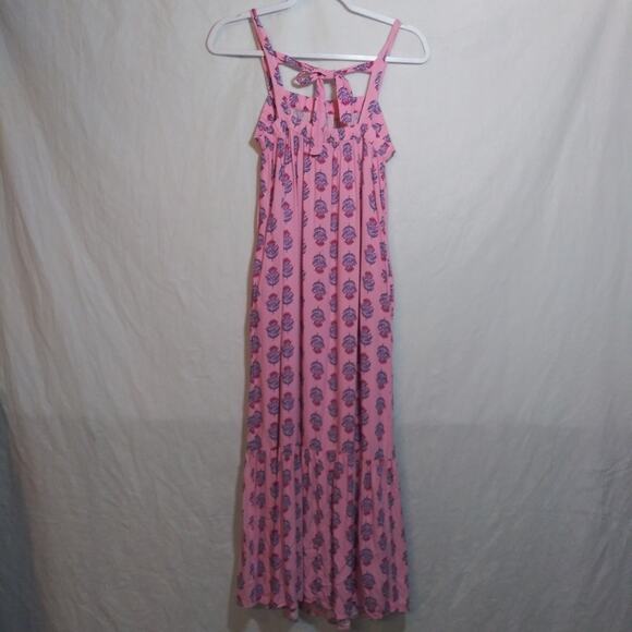 Old Navy Sleeveless Tie-Back Cutout Maxi Swing Pink Posie Dress Boho Size S - Picture 6 of 11